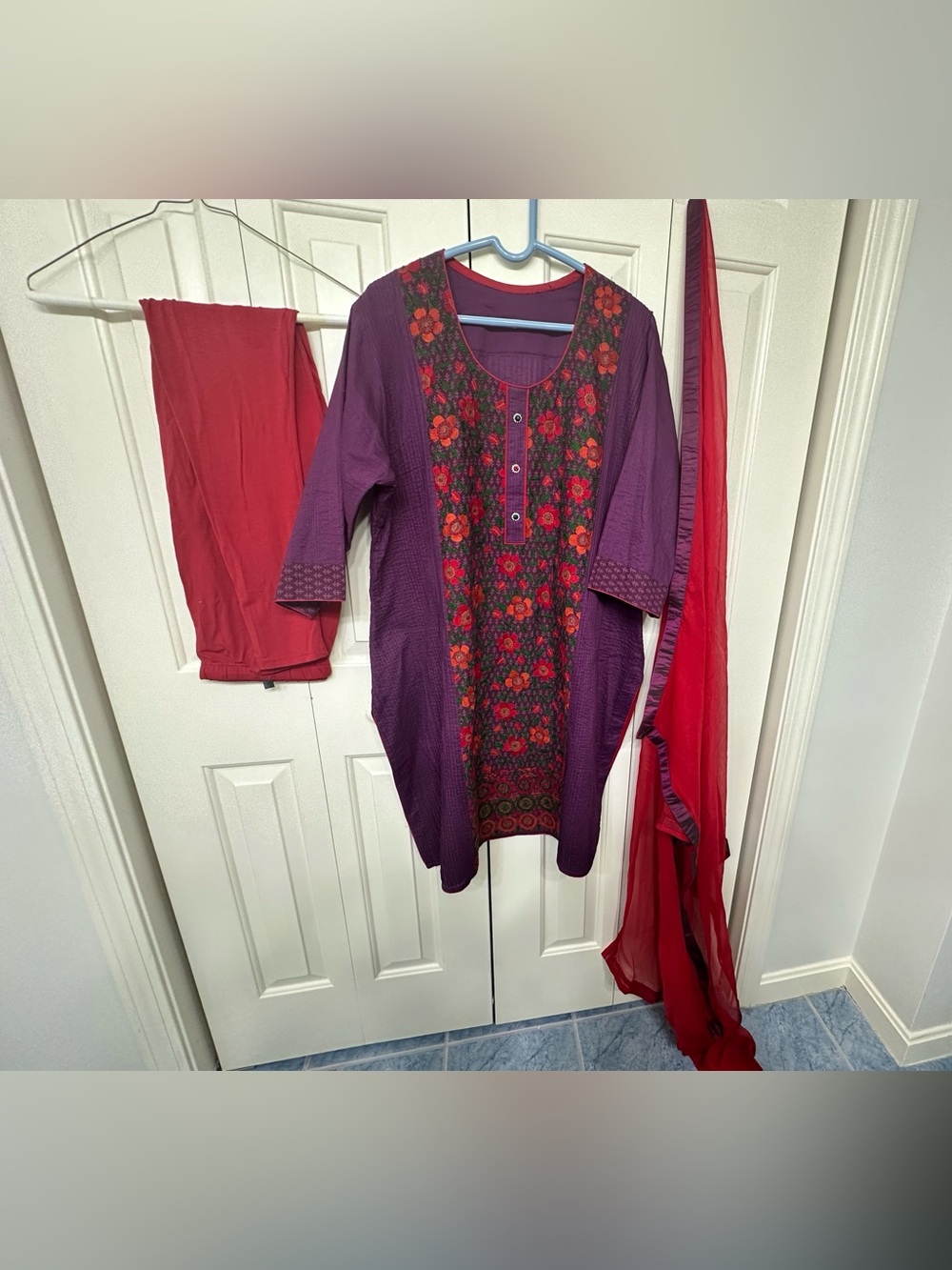Purple Tunic with Red Floral Panel and Red Scarf. Pure cotton fabric size 26”